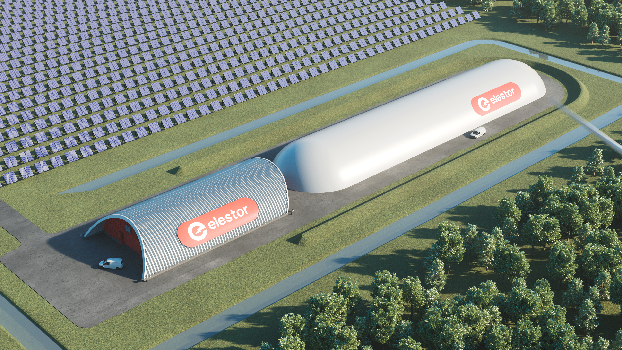 Elestor's energy storage technology next to a field of solar panels